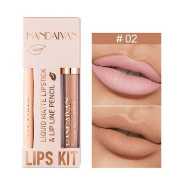 Набор 2в1 жидкая матовая помада и карандаш контурный для губ Handaiyan Lips Kit 02 Warm Nude 01189 фото
