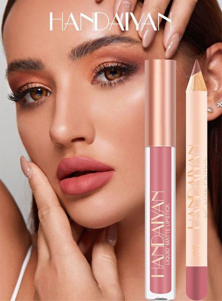 Набір 2в1 рідка матова помада та олівець контурний для губ Handaiyan Lips Kit 02 Warm Nude 01189 фото