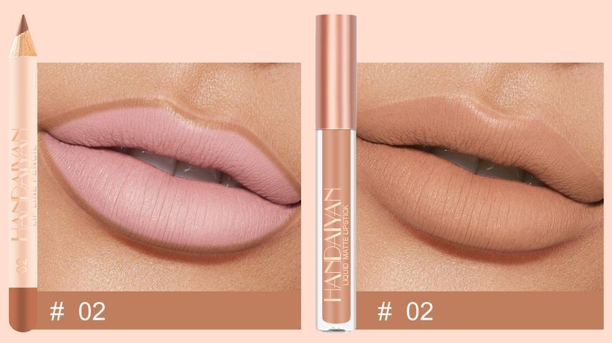 Набір 2в1 рідка матова помада та олівець контурний для губ Handaiyan Lips Kit 02 Warm Nude 01189 фото